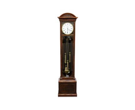 A KIENINGER LINE INLAID MAHOGANY LONGCASE CLOCK
Late 20th Century, the architectural case with arched top, white enamel dial 