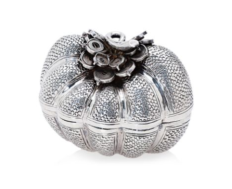 A CAMBODIAN SILVER PUMPKIN FORM BETEL BOX
20th Century, indistinctly marked to base, naturalistic form with pull off cover
10