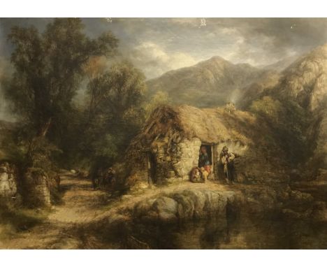 19TH CENTURY ENGLISH SCHOOL "Figures Outside a Thatched Stone Cottage, Further Figures in the Background with Mountains Risin