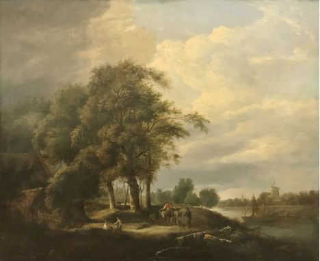 19TH CENTURY CONTINENTAL SCHOOL (POSSIBLY DUTCH) "Country Scene", depicting a dwelling on the banks of a river with figures o