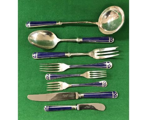 A Christofle Talisman pattern part canteen of cutlery, blue lacquered and silver plate, 129 pieces including twelve table kni