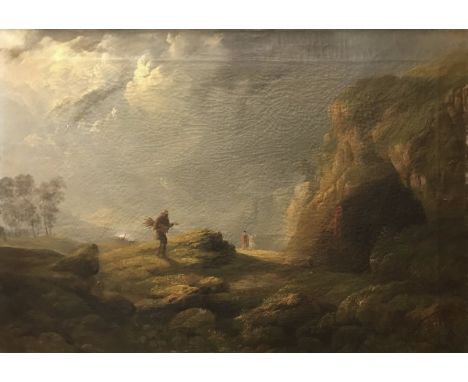 EDWARD TRAIN (BRITISH 1801-1866) "Mythical Beast Gathering Wood", a fantasy landscape depicting mythical beast next to a cave