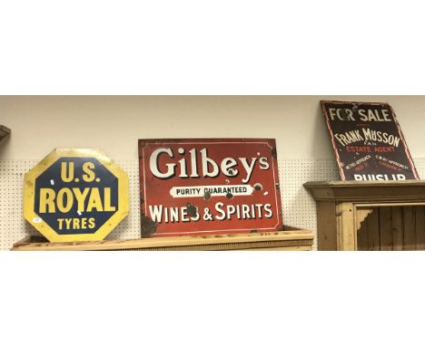 A collection of four vintage enamel signs comprising "For Sale Apply Frank Musson F.A.I. Estate Agents", "Gilbey's Purity Gua
