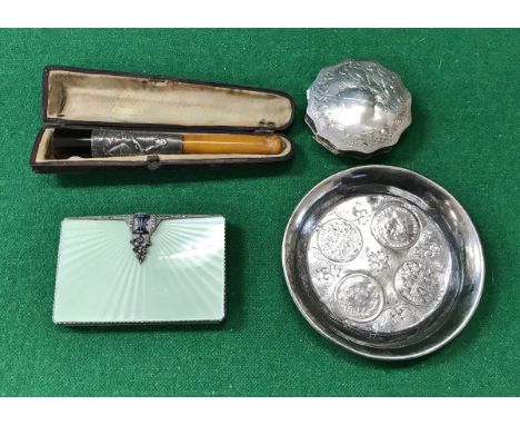 An early 20th Century pale green guilloche enamel and gem set compact with gilt-washed interior, a 19th Century Continental s