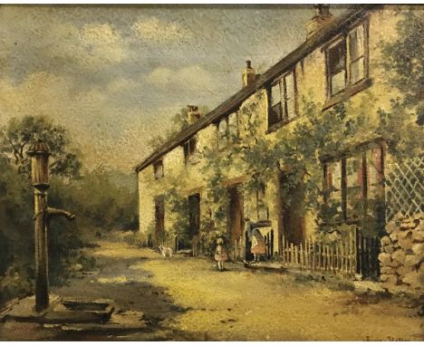JESSE SLATER "Mother and Daughter Outside House", rural scene depicting mother, daughter and dog outside house, water pump in