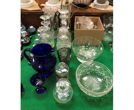A collection of 19th Century and later glass ware to include three lustre light / vases, four decanters, Bristol blue water j