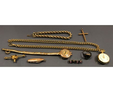 A quantity of various costume jewellery including 9 carat rope twist bracelet, a 9 carat cross pendant, 11 g overall, 15 cara