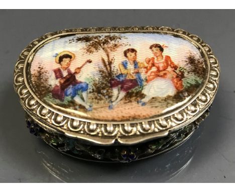 A 19th Century Austro-Hungarian silver and enamel decorated lidded box, the top decorated with figures seated in a garden, on