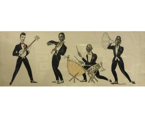 AFTER RAYMOND DERRY "Jazz Musicians" pair of prints, together with a set of four framed and glazed sporting prints