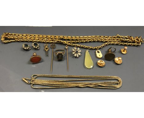 A box of various costume jewellery including three gold shirt studs, Carnelian seal inscribed "Amour Trove Noyen", two gold c