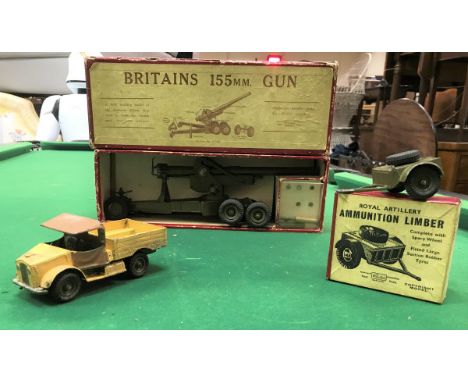 A Britains 155MM gun (No. 2064) (boxed) together with a Britains Royal Artillery ammunition limber (No. 1726) (boxed) and a p