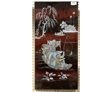 A set of eight lacquered and simulated mother of pearl shibyama style decorative wall panels