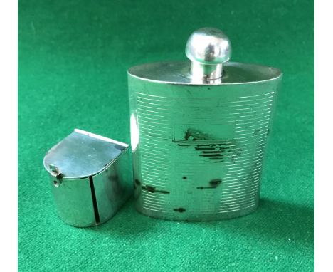 A Tiffany &amp; Co. sterling silver spirit flask with engraved line decoration, together with a stamp roll case of mailbox fo