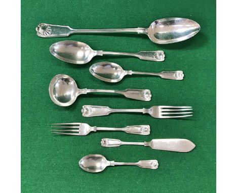 A Victorian silver "Fiddle and Thread and Shell" pattern six place canteen of cutlery comprising dinner forks, dessert forks,