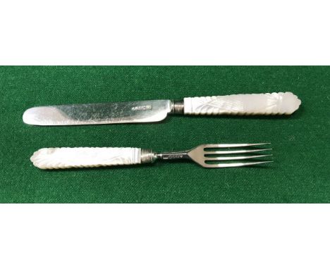 A set of six William IV mother of pearl handled silver fruit knives and forks (by George Hardisty, Sheffield 1831)