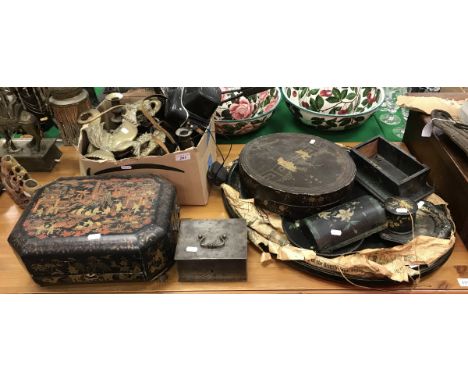 A 19th Century iron miniature lidded box, together with a Chinese black lacquered and gilt decorated circular box with figura