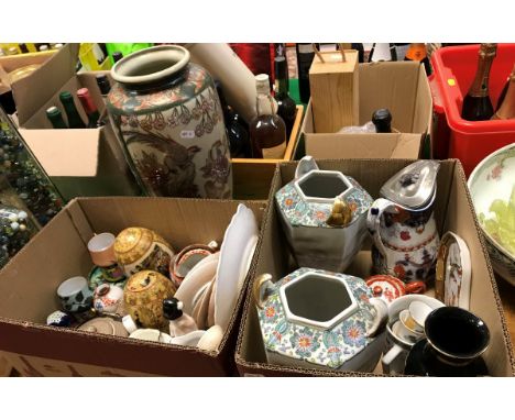 Two boxes of assorted Oriental china wares to include cups and saucers, egg shaped ornaments, figurine, etc, together with a 