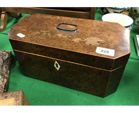 An early 19th Century burr yew lidded box with fabric covered interior (formerly tea caddy)