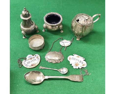 A collection of small silver and white metal wares to include Mappin &amp; Webb silver cauldron shaped salt and baluster pepp