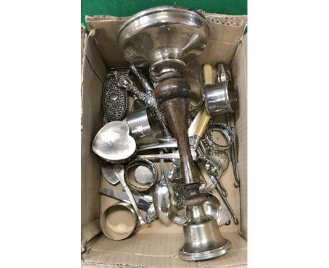 A collection of various small silver wares to include embossed heart shaped box, eight various napkin rings, dessert spoon, t