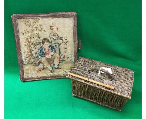 A small vintage basket containing various corks together with a 19th Century blotter with leather binding and fine needlepoin