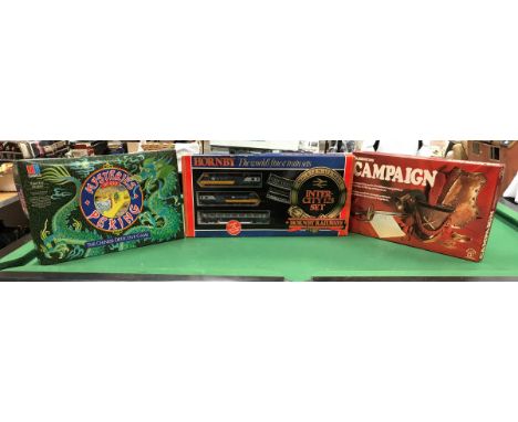 A Hornby Railways Intercity 125 set with spare track and additional train, a Scalextric Grand Prix model racing set C660 and 