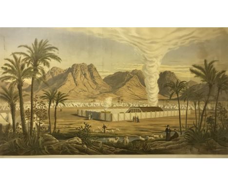 "Middle Eastern Campsite", scene depicting a campsite in an oasis with shepherd and sheep in foreground, tents and camp in th