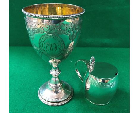 A George III silver lidded mustard of barrel form with Bristol blue glass liner (maker's mark obscured, London 1808), togethe