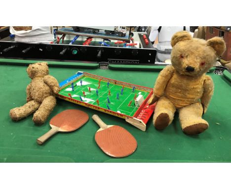 A Chad Valley Soccer Stadium football game, vintage table tennis set, Jenga blocks and two gold plush bears, together with a 