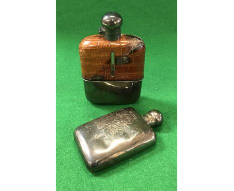 A Victorian silver hip flask with monogram and date "1897" (by Henry Greaves, London 1897), together with a glass and crocodi