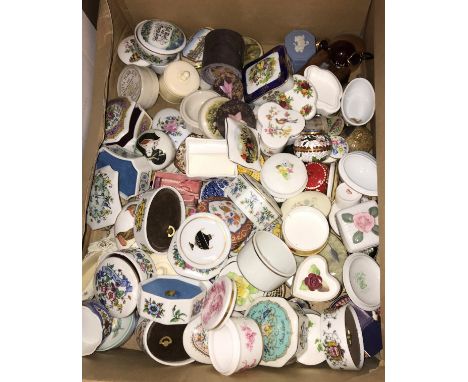 A box of various china, soapstone and other trinket boxes, including various musical versions