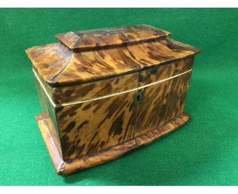 A Regency blond tortoiseshell veneered two section tea caddy of bow fronted outline CONDITION REPORTS 20 cm wide x 12.8 cm de