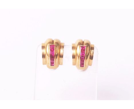 A pair of gold and synthetic ruby tapered hoop clip earrings, in odeonesque style, 11g gross 