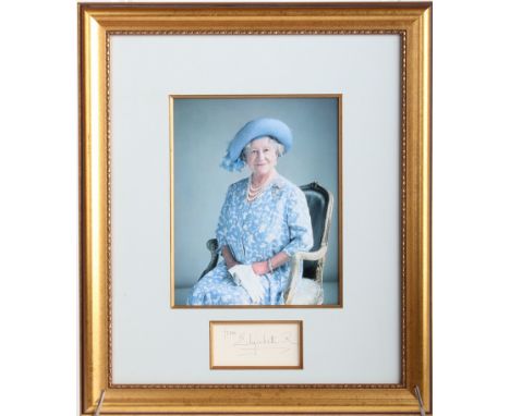 HRH Queen Mother: colour photograph with signature in panel below 'from Elizabeth R' photograph 25 x 20cm F & G