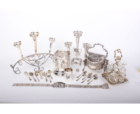 A good Victorian silver plated biscuit box with double 'tilt' top, a three vase epergne, fancy gate link belt, tankard and ot