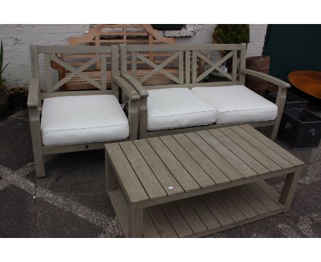 A three piece FSC garden/conservatory suite with gate panel backs: two seater bench, armchair and coffee table, with good cus