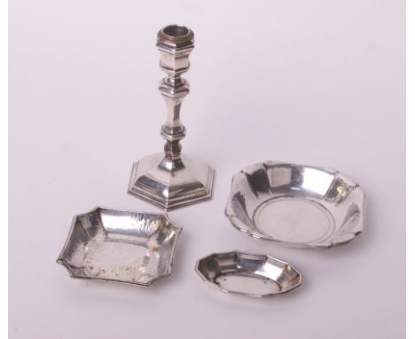 A Dutch hexagonal candlestick with a moulded borders and knopped stem (later plated round nozzle), marked beneath ‘J.A. Hoeti