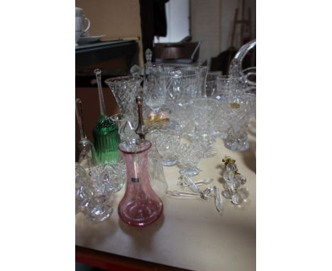 A collection of moulded and cut glassware including table bells (5), a Caithness vase and Bavarian coffee set, etc