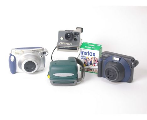 A quantity of compact 35mm cameras and instant cameras.   Polaroid The Button, Fujifilm Instax 100 and 200, Canon Sureshot, I