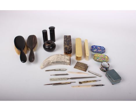 A mixed collection including two pocket knives, one with a silver blade, a small ivory page marker, three items of Peking ena