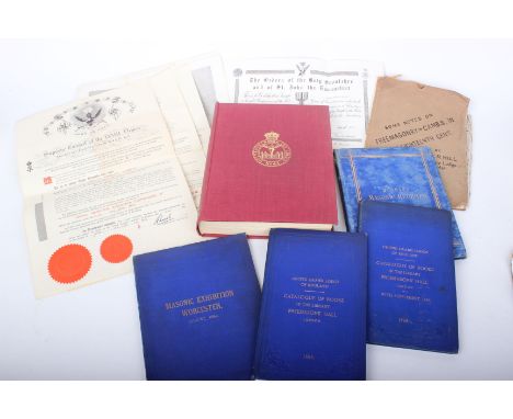A quantity of Masonic material, including 19th century exhibition and book catalogues, certificates, Masoning reprints and lo