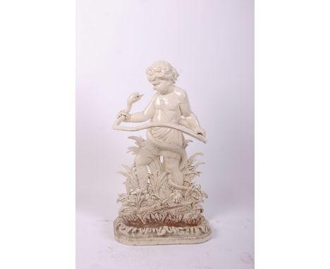 A 19th century cast iron stick stand in the form of a infant boy holding a snake. Unmarked, 83cm high, 48cm wide