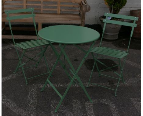 A patio/bistro set, metal light green finish table and two chairs supplied by M&S Cortado range, boxed as new