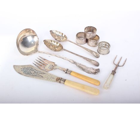 Silver plated and other cutlery including large soup ladle, three silver napkin rings, etc (one box)