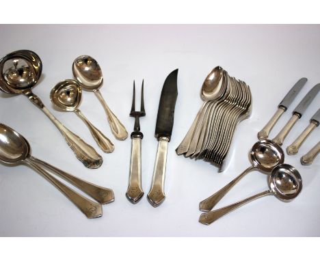 A German ‘WMF 800’ standard punch ladle, sauce ladle and shaped serving spoon, together with a Continental plated table servi