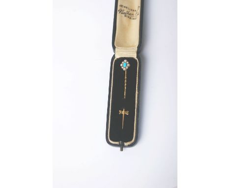 An early 20th century gold pin, oval cabochon turquoise, half-pearl and diamond cluster stick pin, still in a case