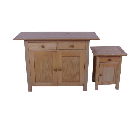 A modern light oak side cabinet fitted two drawers and a cupboard (114cm wide, 85cm high); together with a similar lamp table