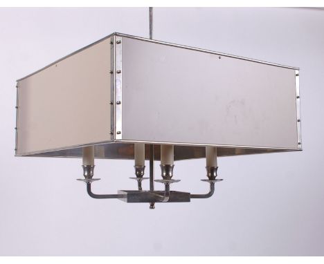Charles Edwards, Square Drum, a chromium plated and painted metal ceiling light, modern, the four electrical fitments and sus