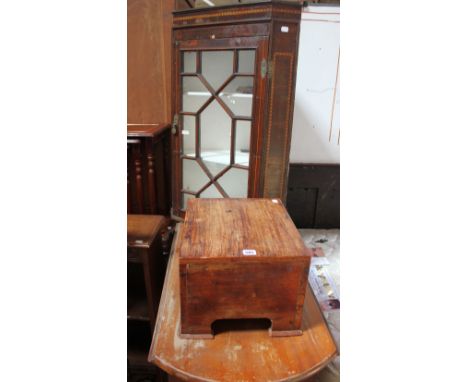 A dropleaf table, 19th century hanging corner cabinet, two ladder back chairs, two folding chairs and a box stand (7)