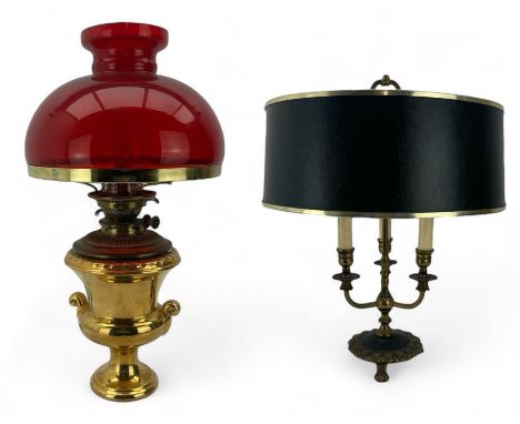  Three branch table lamp modelled as a candelabra, and another modelled as an oil lamp with red glass shade, H60cm 